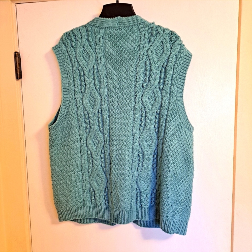 Handmade Teal Cable Knit Button Up Sweater Vest - Picture 3 of 5